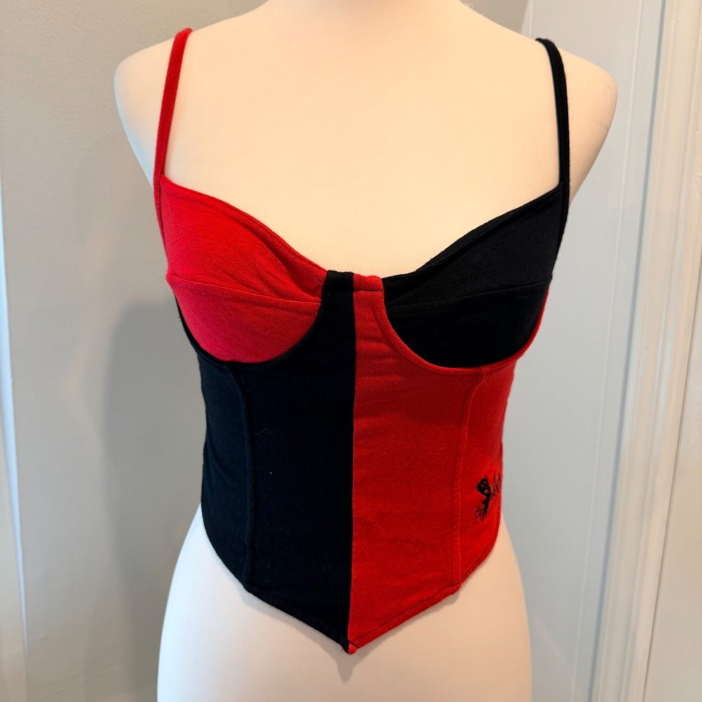 O-Mighty Red/Black Little Devil Soft Corset Cami Top Edgy Harley Quinn | Size L